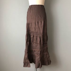 Brown Linen Boho Midi Skirt, Size S